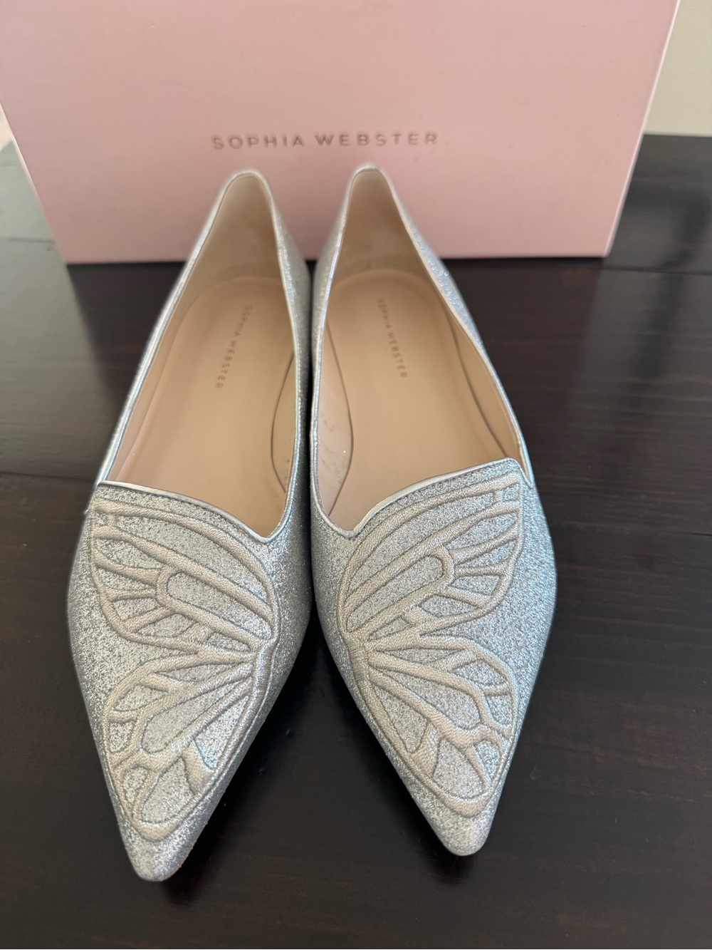 Sophia Webster Silver Glitter Pointed Flats with Butterfly Wing Detail